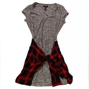 Material Girl Grey Knit & Red/Black Plaid Flannel Tie Skirt Dress size XS NWOTS